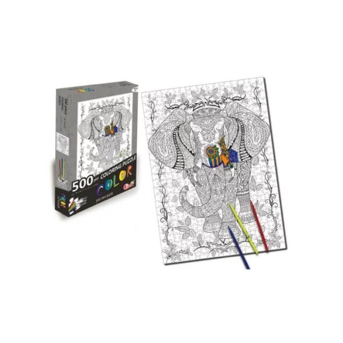 Puzzle de colorat Colorful Elephant, 500 de piese, model elefant, 70x 50 cm, 6 carioci incluse, design tip mandala,stimuleaza cr [3]