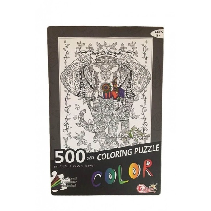 Puzzle de colorat Colorful Elephant, 500 de piese, model elefant, 70x 50 cm, 6 carioci incluse, design tip mandala,stimuleaza cr [2]