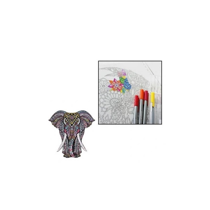 Puzzle de colorat Colorful Elephant, 500 de piese, model elefant, 70x 50 cm, 6 carioci incluse, design tip mandala,stimuleaza cr [4]