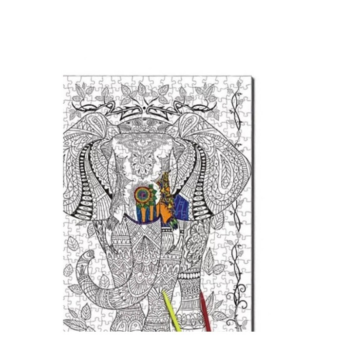 Puzzle de colorat Colorful Elephant, 500 de piese, model elefant, 70x 50 cm, 6 carioci incluse, design tip mandala,stimuleaza cr [5]