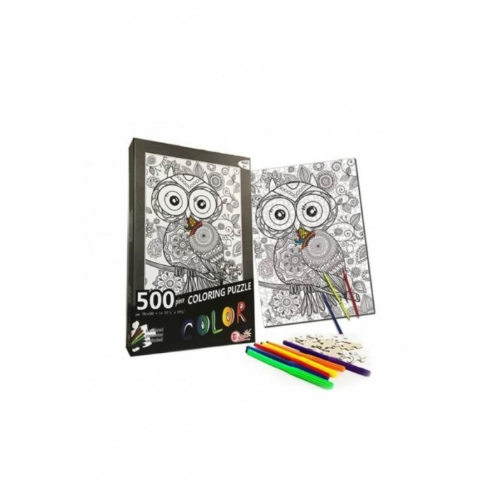 Puzzle de colorat Colorful Owl, 500 de piese, model bufnita, 70x 50 cm, 6 carioci incluse, design tip mandala,stimuleaza creativ [4]
