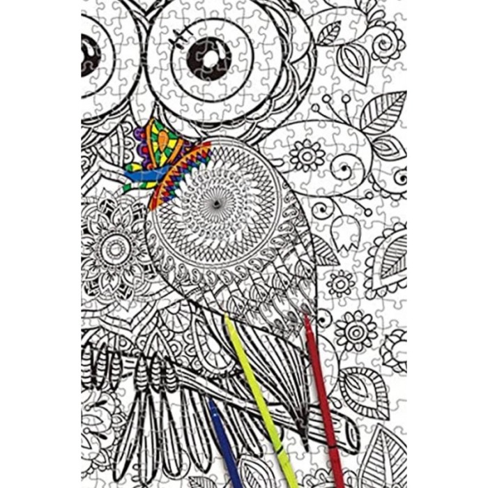 Puzzle de colorat Colorful Owl, 500 de piese, model bufnita, 70x 50 cm, 6 carioci incluse, design tip mandala,stimuleaza creativ [3]
