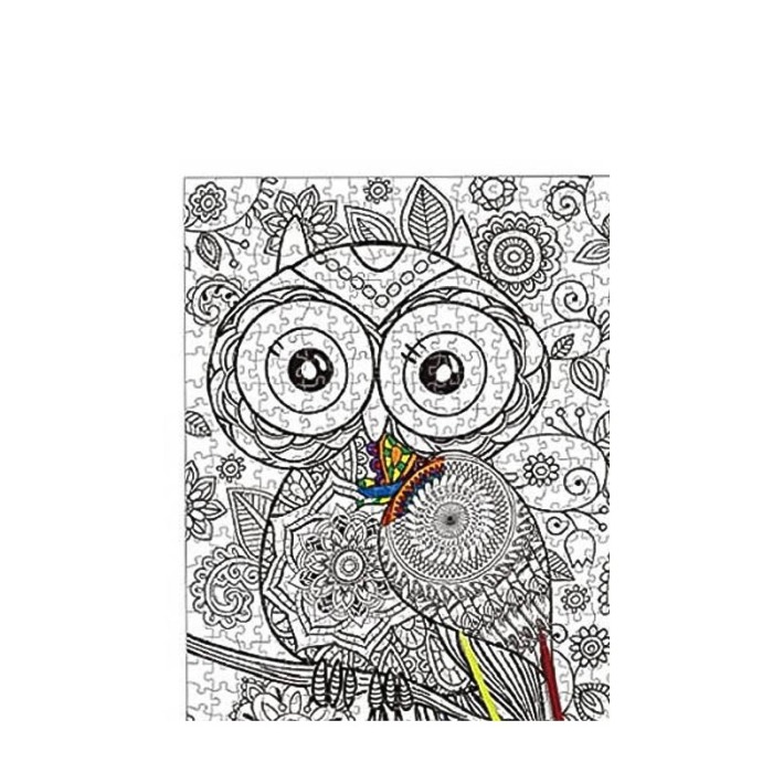 Puzzle de colorat Colorful Owl, 500 de piese, model bufnita, 70x 50 cm, 6 carioci incluse, design tip mandala,stimuleaza creativ [5]