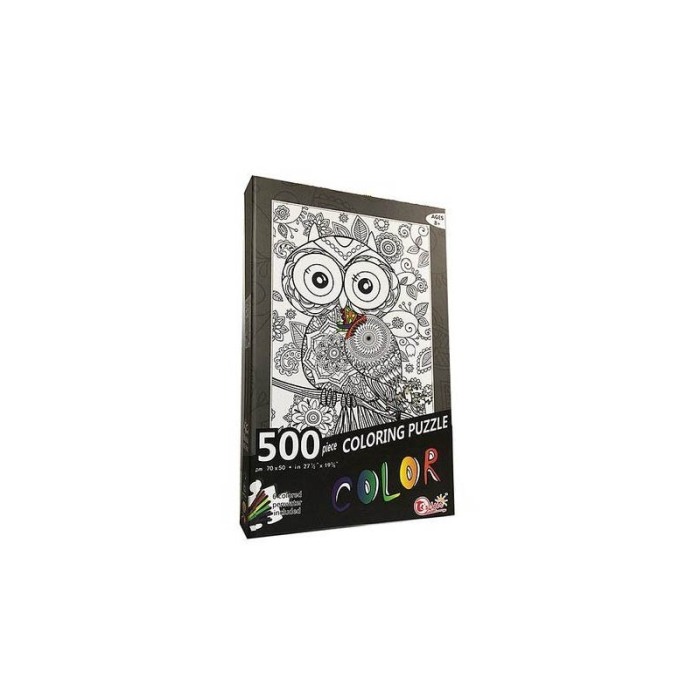 Puzzle de colorat Colorful Owl, 500 de piese, model bufnita, 70x 50 cm, 6 carioci incluse, design tip mandala,stimuleaza creativ [2]