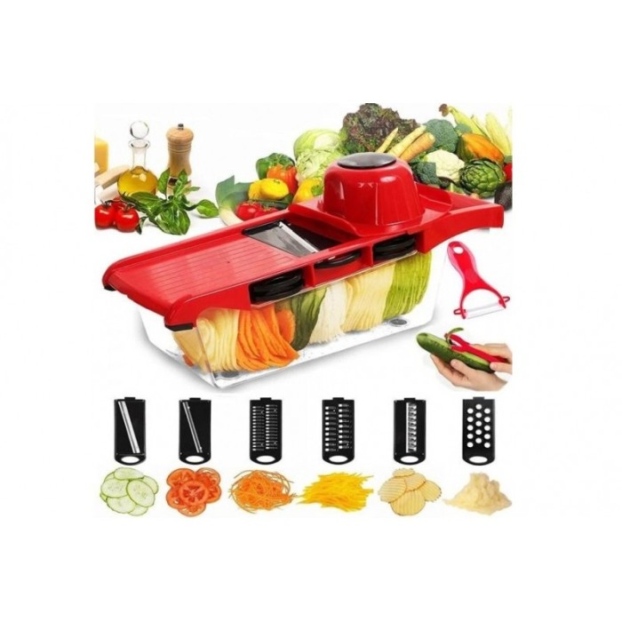Razatoare multifunctionala 6 in 1 Fast Veggie, taie felii, monopera fina,otel inoxidabil, 6 lame incluse, culoare rosie,doty [5]