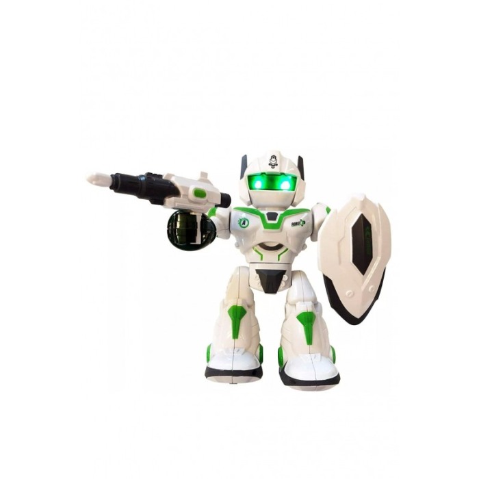 Robot de jucarie CoolestRobot Doty®, se invarte, spune povesti in lb engleza, arunca sageti, scut inclus, alb/verde [5]