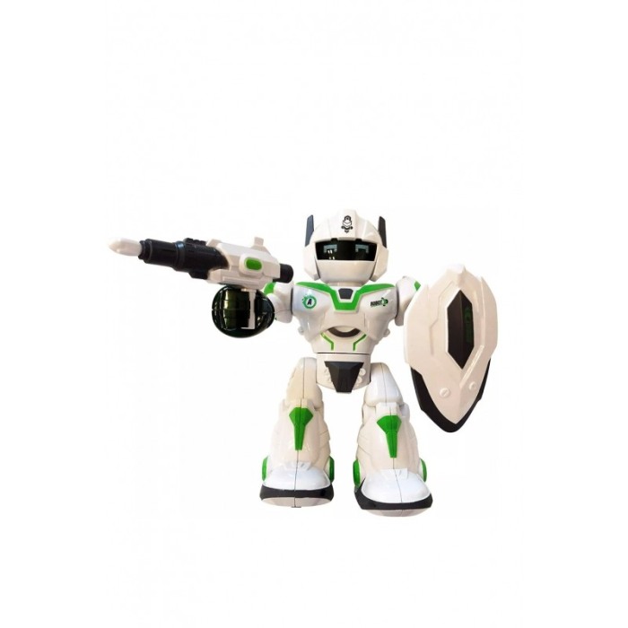 Robot de jucarie CoolestRobot Doty®, se invarte, spune povesti in lb engleza, arunca sageti, scut inclus, alb/verde [7]