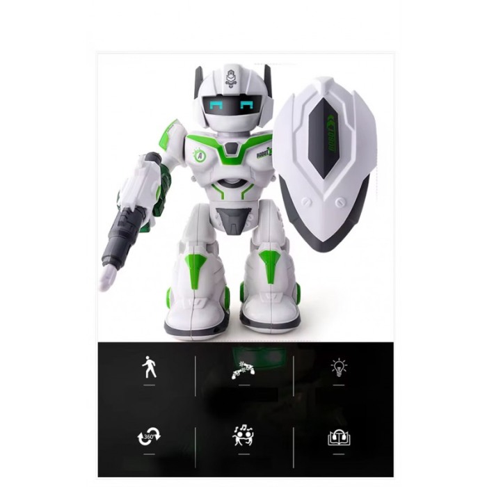 Robot de jucarie CoolestRobot Doty®, se invarte, spune povesti in lb engleza, arunca sageti, scut inclus, alb/verde [6]