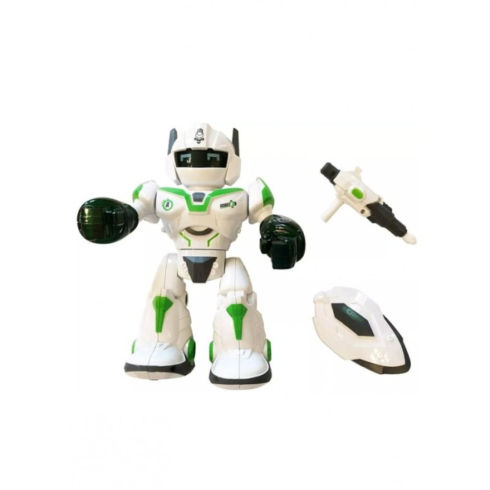 Robot de jucarie CoolestRobot Doty®, se invarte, spune povesti in lb engleza, arunca sageti, scut inclus, alb/verde [3]