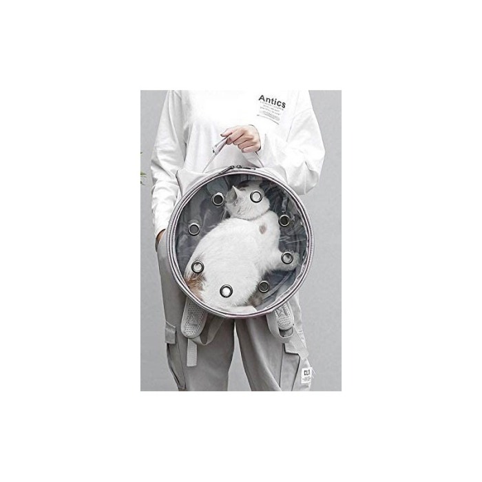 Rucsac rotund Zeze pentru caini si pisici de talie mica, capac transparent, design sidefat cu urechi,orificii aerisire,gri,doty [5]