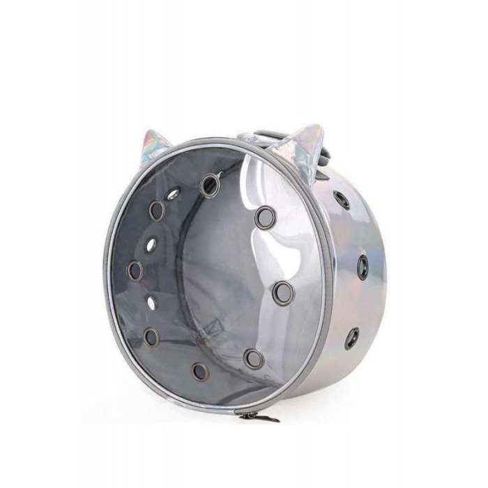 Rucsac rotund Zeze pentru caini si pisici de talie mica, capac transparent, design sidefat cu urechi,orificii aerisire,gri,doty [3]