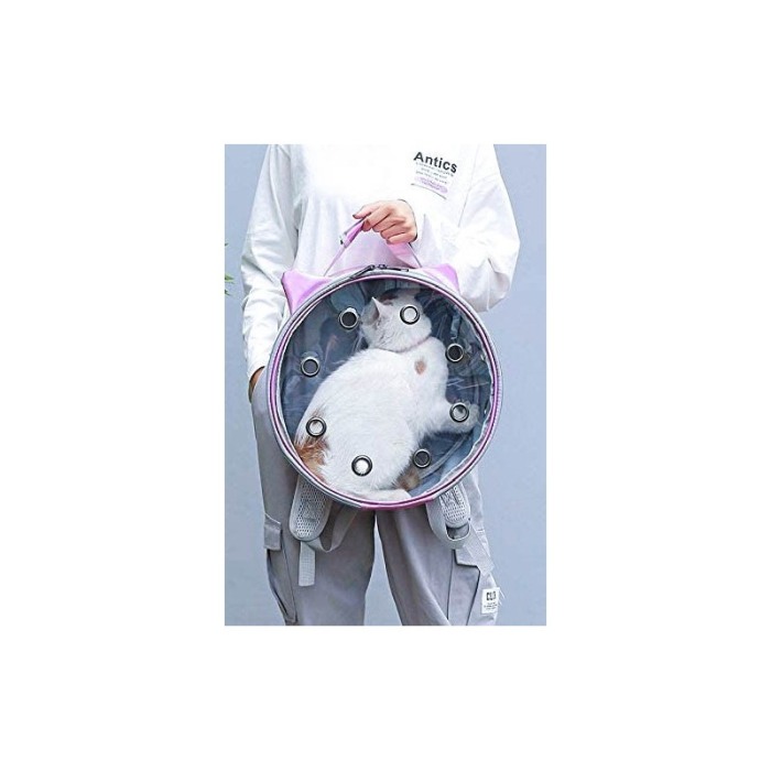 Rucsac rotund Zeze pentru caini si pisici de talie mica, capac transparent, design sidefat cu urechi,orificii aerisire,mov desch [4]