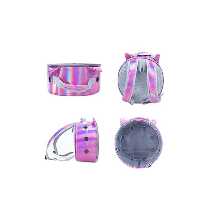 Rucsac rotund Zeze pentru caini si pisici de talie mica, capac transparent, design sidefat cu urechi,orificii aerisire,mov desch [5]