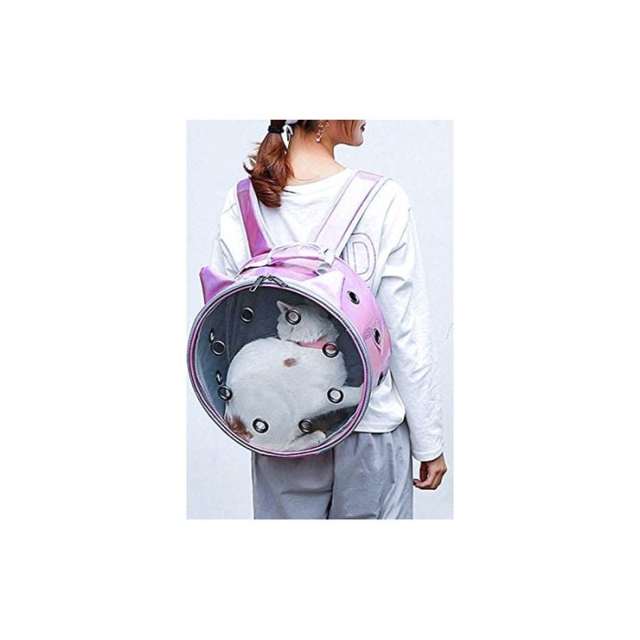 Rucsac rotund Zeze pentru caini si pisici de talie mica, capac transparent, design sidefat cu urechi,orificii aerisire,mov desch [2]