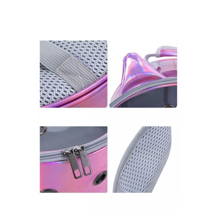 Rucsac rotund Zeze pentru caini si pisici de talie mica, capac transparent, design sidefat cu urechi,orificii aerisire,mov desch [7]