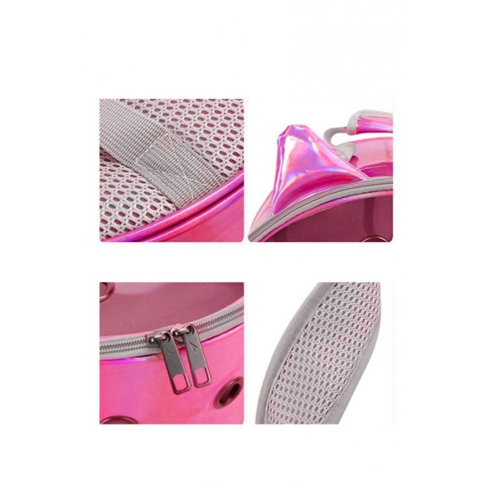 Rucsac rotund Zeze pentru caini si pisici de talie mica, capac transparent, design sidefat cu urechi,orificii aerisire,roz cicla [5]