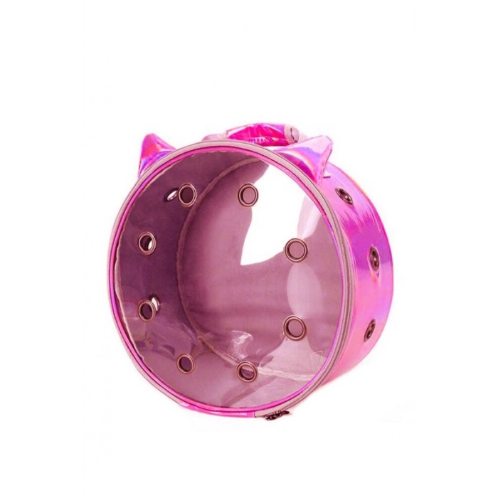 Rucsac rotund Zeze pentru caini si pisici de talie mica, capac transparent, design sidefat cu urechi,orificii aerisire,roz cicla [2]