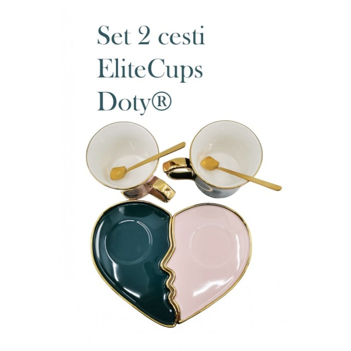 Set 2 cesti EliteCups Doty®, cu farfurie si lingurita, design inima, accente aurii, roz/verde smarald, 180 ml [3]