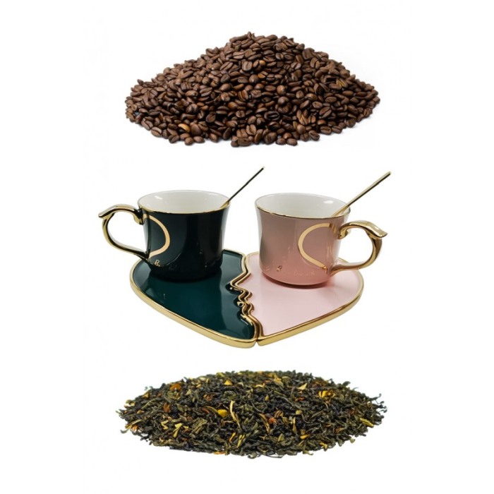 Set 2 cesti EliteCups Doty®, cu farfurie si lingurita, design inima, accente aurii, roz/verde smarald, 180 ml [4]