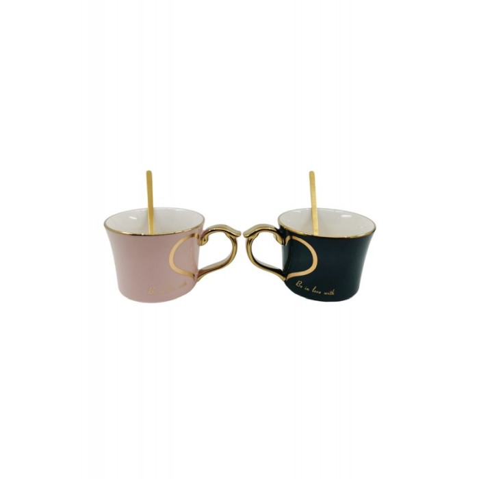 Set 2 cesti EliteCups Doty®, cu farfurie si lingurita, design inima, accente aurii, roz/verde smarald, 180 ml [5]
