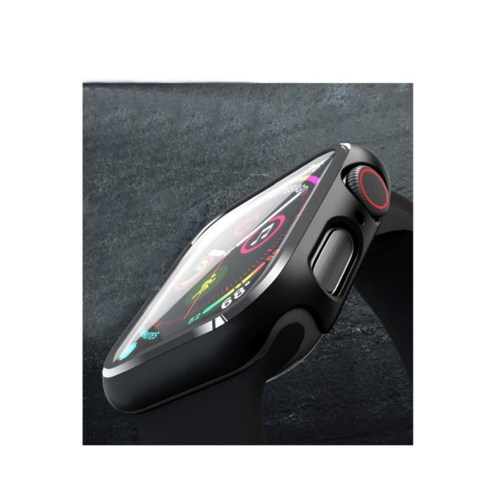 Set 2 in 1 curea din silicon si husa protectie ecran pentru Apple Watch series 1/2/3/4/5/6/7, 42 mm, negru [5]