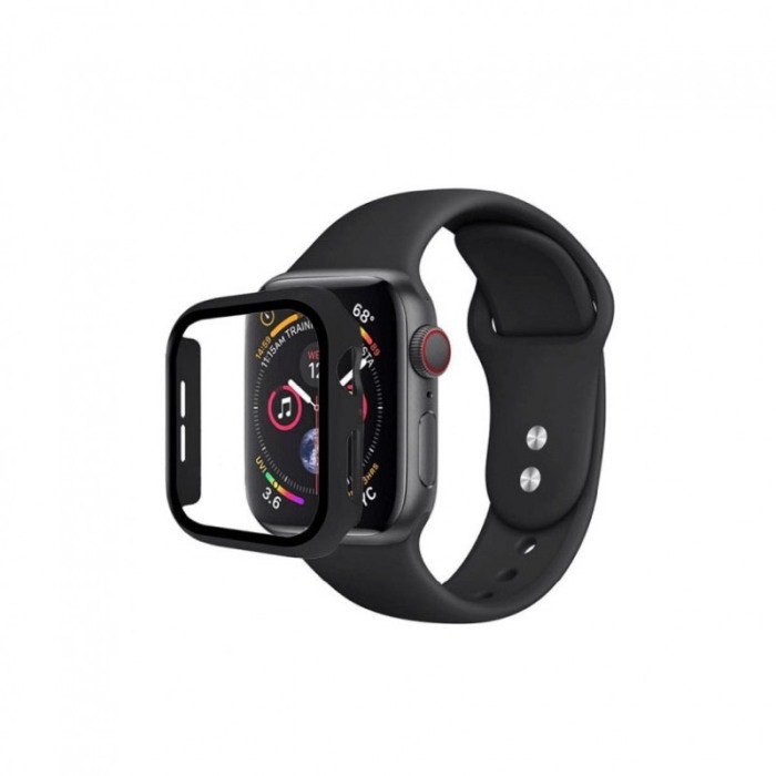 Set 2 in 1 curea din silicon si husa protectie ecran pentru Apple Watch series 1/2/3/4/5/6/7, 42 mm, negru [1]