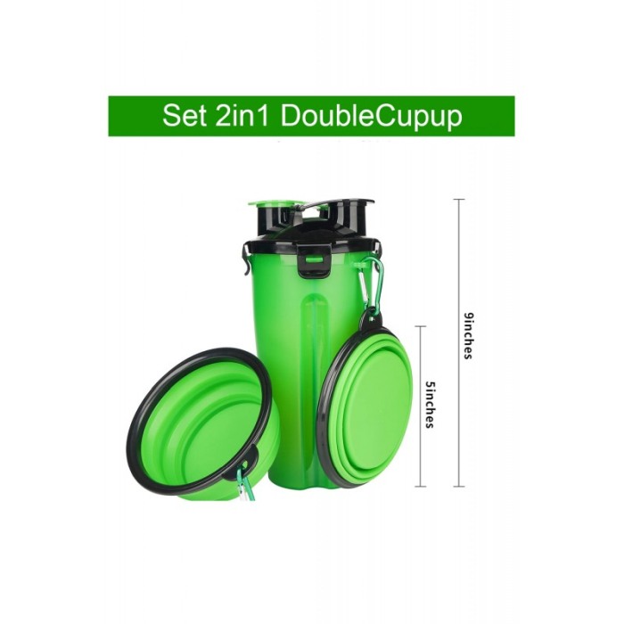 Set 2 in 1 Dispenser portabil Doublecupup Doty® pentru animale, cu 2 boluri pliabile, hrana solida/lichida, 350g/350ml, verde [7]