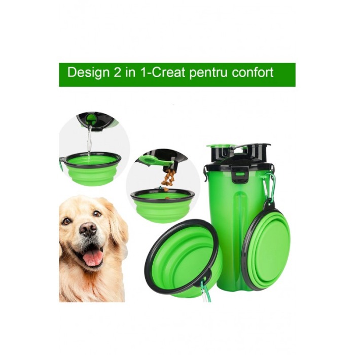 Set 2 in 1 Dispenser portabil Doublecupup Doty® pentru animale, cu 2 boluri pliabile, hrana solida/lichida, 350g/350ml, verde [2]