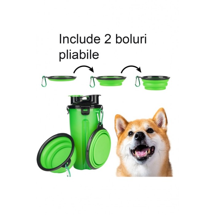 Set 2 in 1 Dispenser portabil Doublecupup Doty® pentru animale, cu 2 boluri pliabile, hrana solida/lichida, 350g/350ml, verde [4]