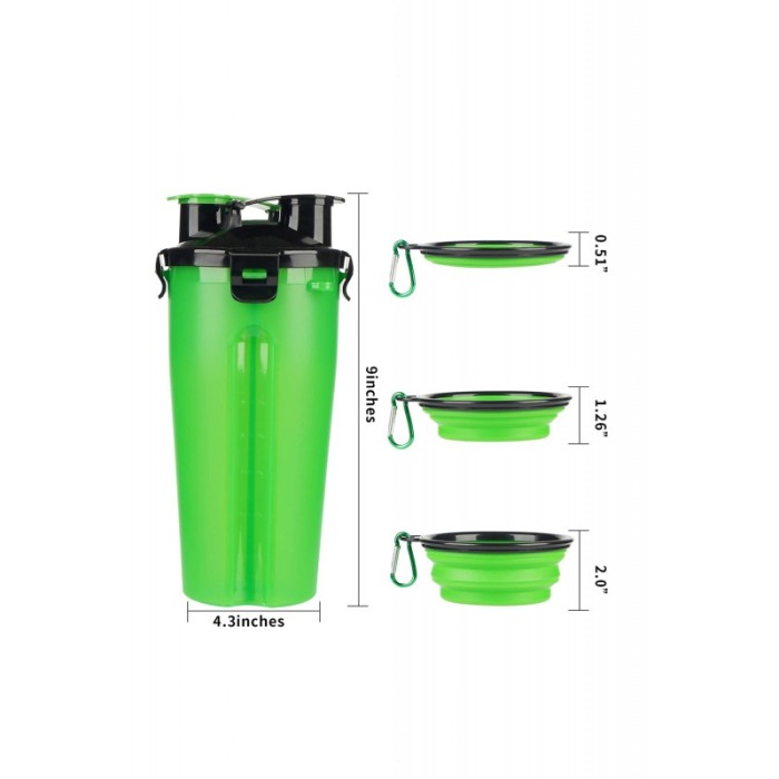 Set 2 in 1 Dispenser portabil Doublecupup Doty® pentru animale, cu 2 boluri pliabile, hrana solida/lichida, 350g/350ml, verde [6]