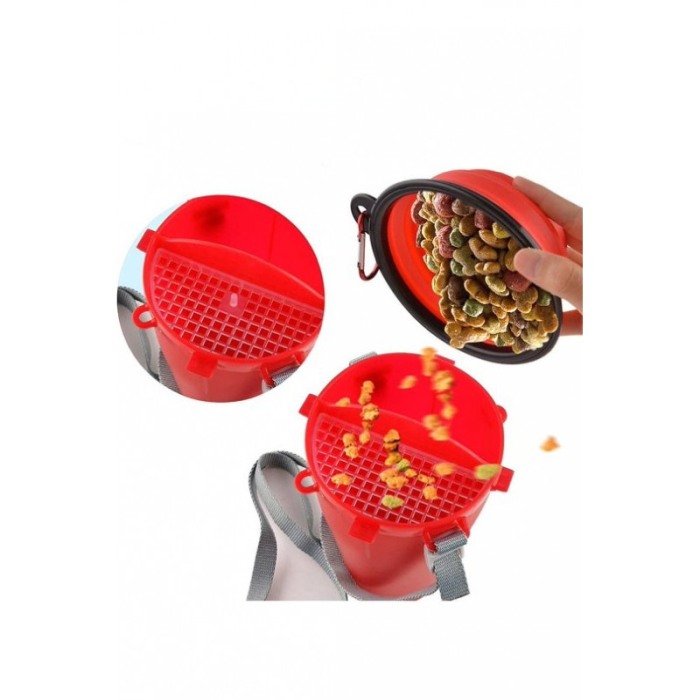 Set 2 in 1 Dispenser portabil Doublecupup Doty® pentru animale, hrana solida/lichida, cu 2 boluri pliabile, 350g/350ml, rosu [7]