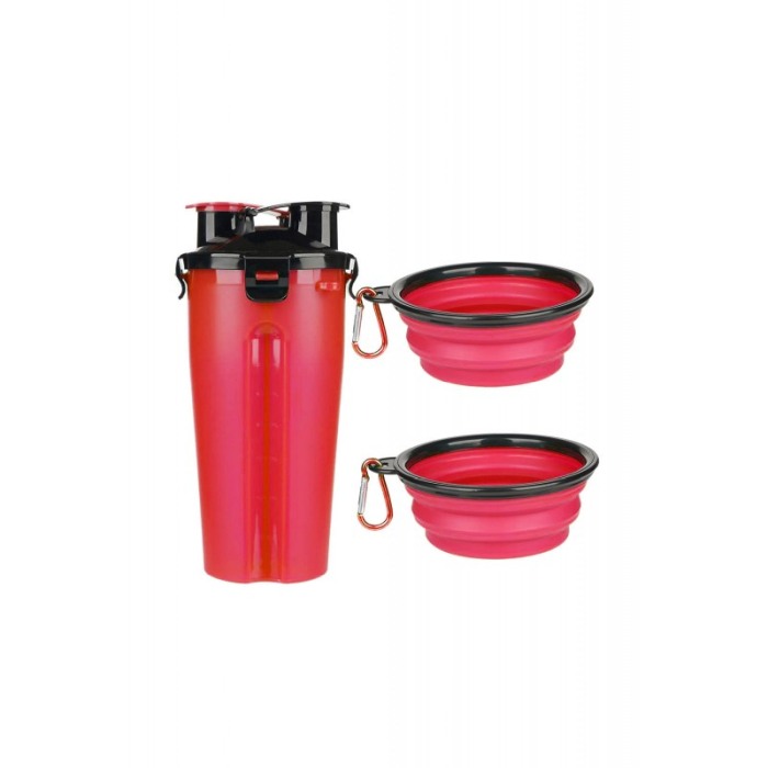 Set 2 in 1 Dispenser portabil Doublecupup Doty® pentru animale, hrana solida/lichida, cu 2 boluri pliabile, 350g/350ml, rosu [8]