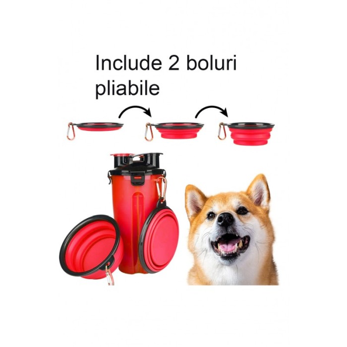 Set 2 in 1 Dispenser portabil Doublecupup Doty® pentru animale, hrana solida/lichida, cu 2 boluri pliabile, 350g/350ml, rosu [6]