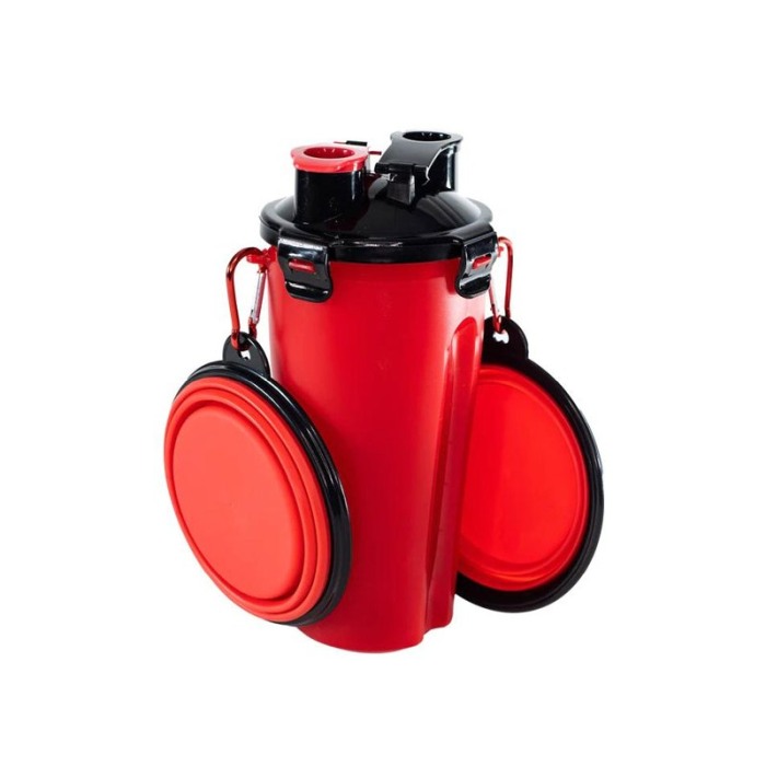 Set 2 in 1 Dispenser portabil Doublecupup Doty® pentru animale, hrana solida/lichida, cu 2 boluri pliabile, 350g/350ml, rosu [2]