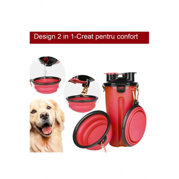 Set 2 in 1 Dispenser portabil Doublecupup Doty® pentru animale, hrana solida/lichida, cu 2 boluri pliabile, 350g/350ml, rosu [5]