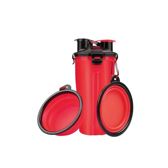 Set 2 in 1 Dispenser portabil Doublecupup Doty® pentru animale, hrana solida/lichida, cu 2 boluri pliabile, 350g/350ml, rosu [3]