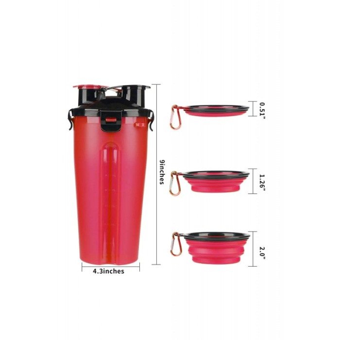 Set 2 in 1 Dispenser portabil Doublecupup Doty® pentru animale, hrana solida/lichida, cu 2 boluri pliabile, 350g/350ml, rosu [4]