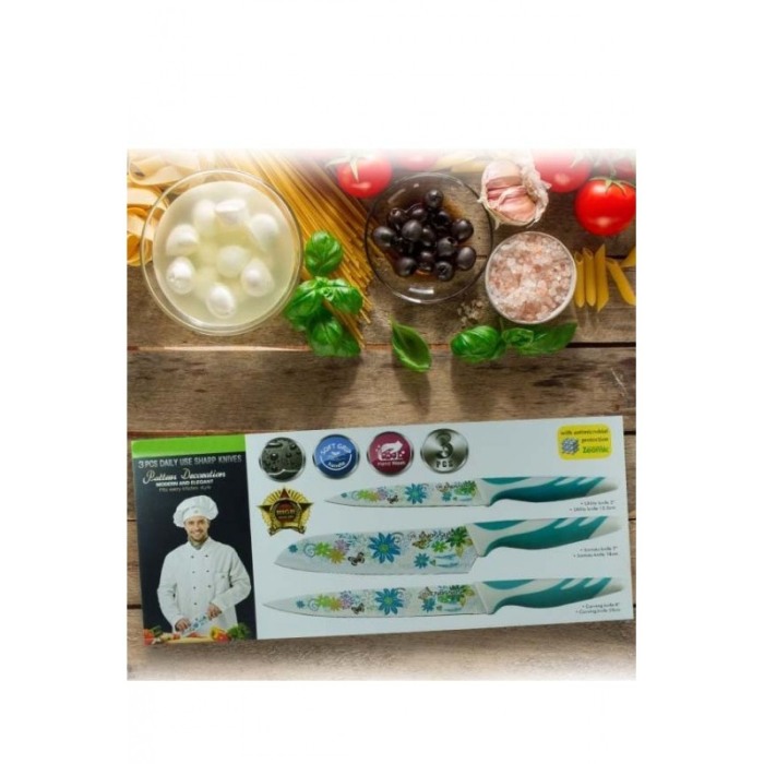 Set 3 cutite de bucatarie cu invelis ceramic, design floral ,maner din cauciuc antialunecare, alb/albastru, protectie antimicrob [1]