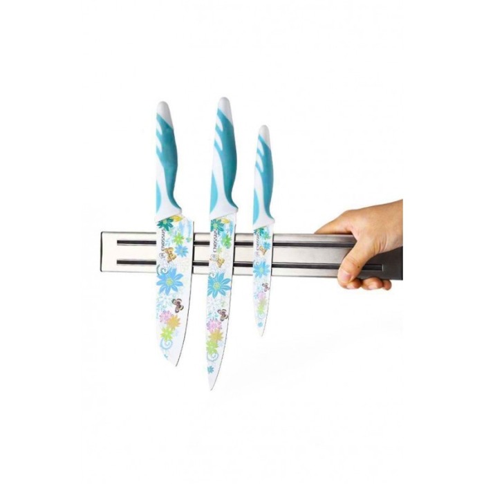 Set 3 cutite de bucatarie cu invelis ceramic, design floral ,maner din cauciuc antialunecare, alb/albastru, protectie antimicrob [3]