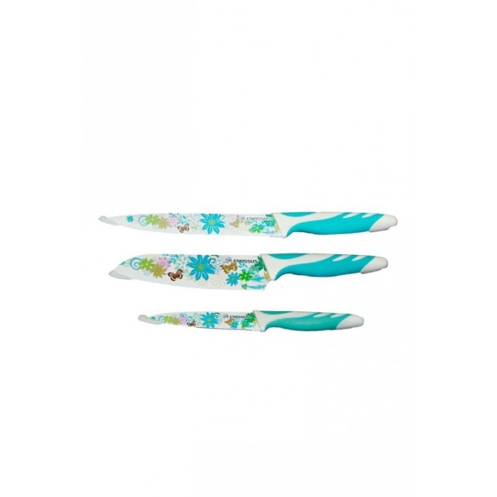 Set 3 cutite de bucatarie cu invelis ceramic, design floral ,maner din cauciuc antialunecare, alb/albastru, protectie antimicrob [6]