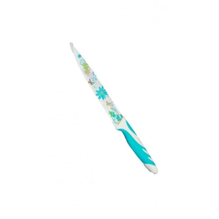 Set 3 cutite de bucatarie cu invelis ceramic, design floral ,maner din cauciuc antialunecare, alb/albastru, protectie antimicrob [2]