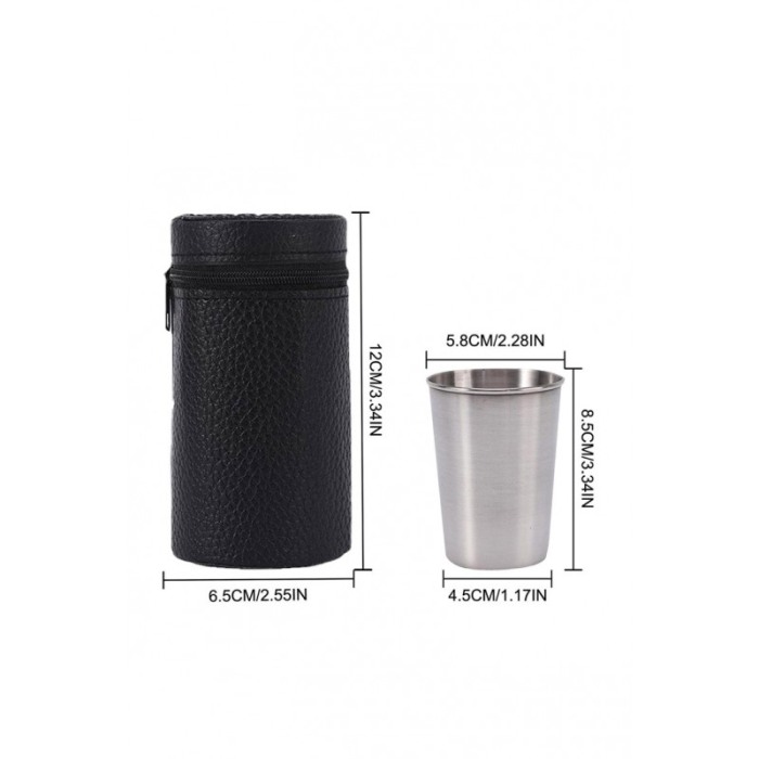 Set 4 pahare din inox, cu husa din piele ecologica cu fermoar, portabil, practic, 12x6 cm, negru, Doty® [5]