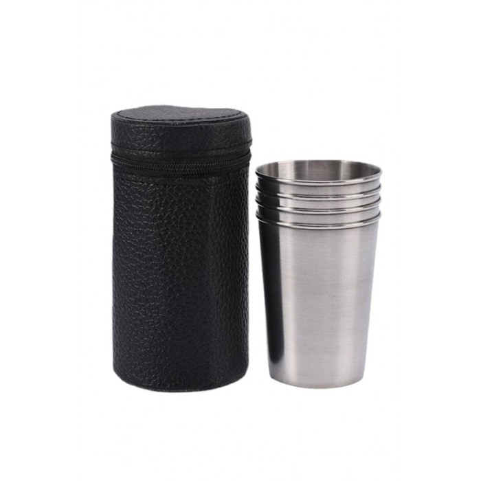 Set 4 pahare din inox, cu husa din piele ecologica cu fermoar, portabil, practic, 12x6 cm, negru, Doty® [3]