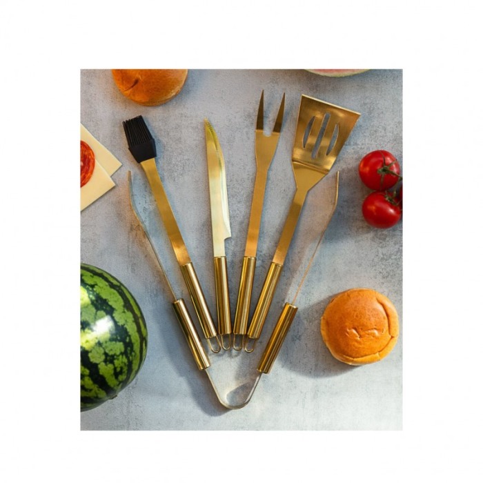 Set 5 ustensile pentru gratar Luxury Gold BBQ, materiale de calitate, geanta depozitare inclusa, auriu [4]