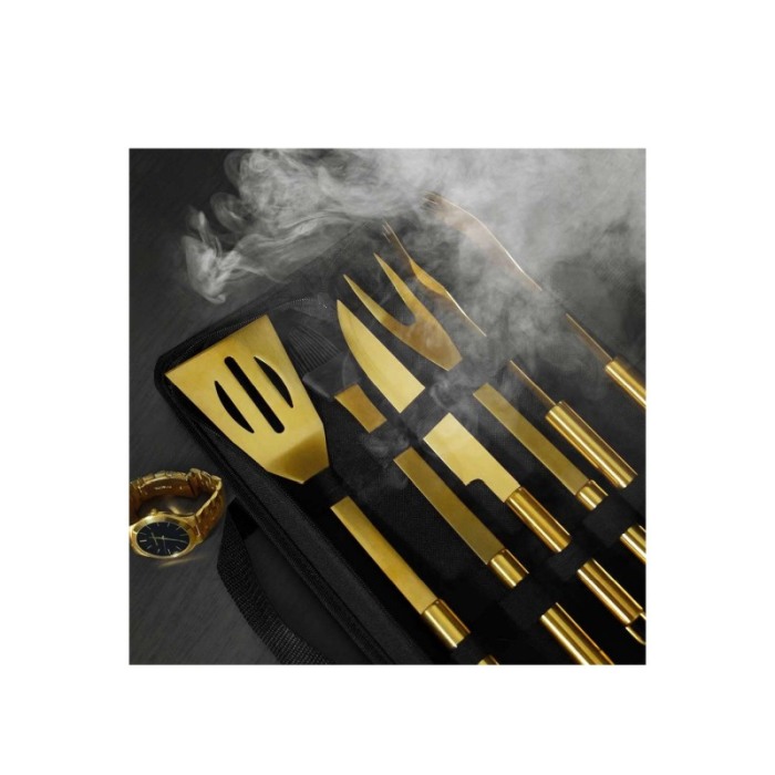 Set 5 ustensile pentru gratar Luxury Gold BBQ, materiale de calitate, geanta depozitare inclusa, auriu [5]