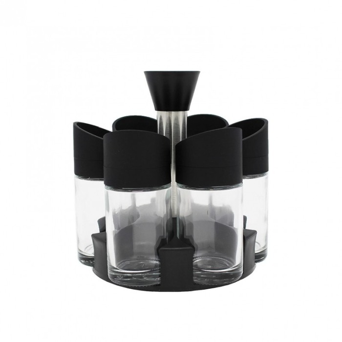 Set 6 recipiente condimente Nero Spice Jar, practice, suport rotativ, usor de organizat, 12 cm , negru [2]