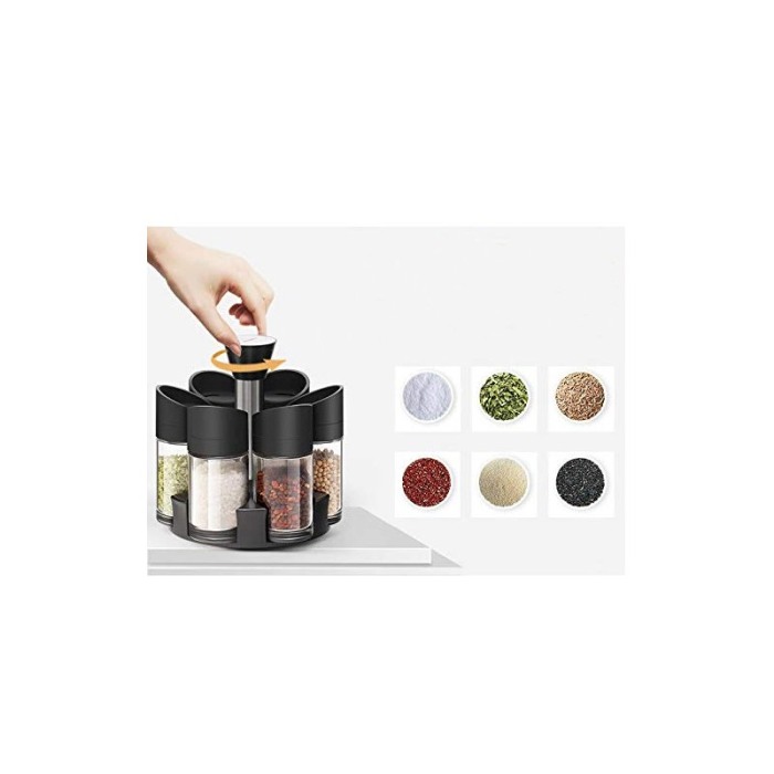 Set 6 recipiente condimente Nero Spice Jar, practice, suport rotativ, usor de organizat, 12 cm , negru [3]