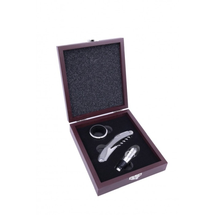 Set accesorii pentru vin in cutie de lemn Moon Drops, 3 piese, inox, rosu,17 x 15 cm, Doty® [1]