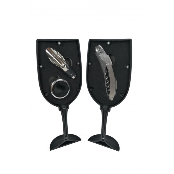 Set accesorii pentru vin,toc forma pahar, 3 piese, tirbuson/desfacator/briceag, inel, picurator, inox,doty [3]