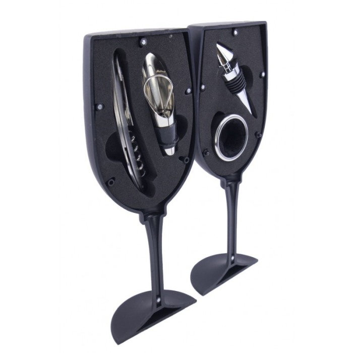 Set accesorii pentru vin,toc forma pahar, 4 piese, contine tirbuson, antipicurator,dop si inel, , inox,doty [4]